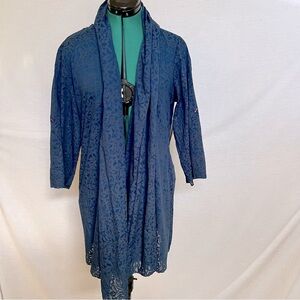 NWT Coldwater Creek Burnout Open Front Crinkle Shirt Navy Textured Cardigan